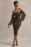 Rica Leopard Print Bardot Puff-Sleeve Midi Dress