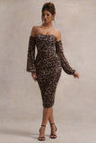 Rica Leopard Print Bardot Puff-Sleeve Midi Dress