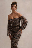 Rica Leopard Print Bardot Puff-Sleeve Midi Dress