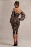 Rica Leopard Print Bardot Puff-Sleeve Midi Dress