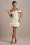 Alegre Ecru Jacquard Bardot Mini Dress With Ruffle Hem