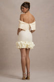 Alegre Ecru Jacquard Bardot Mini Dress With Ruffle Hem