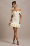 Alegre Ecru Jacquard Bardot Mini Dress With Ruffle Hem