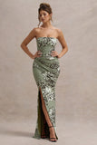 Buena Olive Floral Print Strapless Gathered Maxi Dress With Split