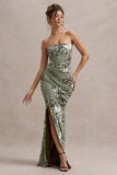 Buena Olive Floral Print Strapless Gathered Maxi Dress With Split