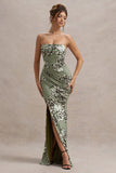 Buena Olive Floral Print Strapless Gathered Maxi Dress With Split