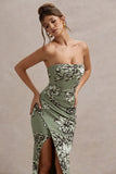 Buena Olive Floral Print Strapless Gathered Maxi Dress With Split