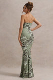 Buena Olive Floral Print Strapless Gathered Maxi Dress With Split