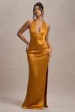 Inferno Mustard Satin Plunge-Neck Gathered Split Maxi Dress