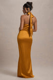 Inferno Mustard Satin Plunge-Neck Gathered Split Maxi Dress
