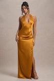 Inferno Mustard Satin Plunge-Neck Gathered Split Maxi Dress
