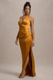 Inferno Mustard Satin Plunge-Neck Gathered Split Maxi Dress