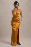 Inferno Mustard Satin Plunge-Neck Gathered Split Maxi Dress
