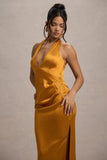 Inferno Mustard Satin Plunge-Neck Gathered Split Maxi Dress