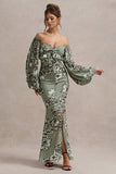 Murcia Olive Floral Print Chiffon Puff-Sleeve Button Maxi Dress