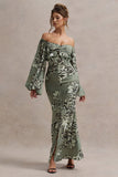 Murcia Olive Floral Print Chiffon Puff-Sleeve Button Maxi Dress
