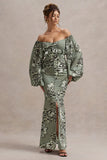 Murcia Olive Floral Print Chiffon Puff-Sleeve Button Maxi Dress