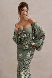 Murcia Olive Floral Print Chiffon Puff-Sleeve Button Maxi Dress