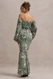 Murcia Olive Floral Print Chiffon Puff-Sleeve Button Maxi Dress