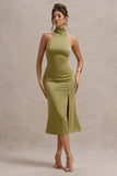 Violette Olive Satin High-Neck Split Midi Dress