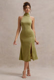 Violette Olive Satin High-Neck Split Midi Dress