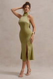 Violette Olive Satin High-Neck Split Midi Dress