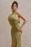 Violette Olive Satin High-Neck Split Midi Dress