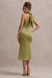 Violette Olive Satin High-Neck Split Midi Dress