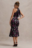 Violette Black Ditsy Floral Print Satin High-Neck Split Midi Dress