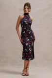 Violette Black Ditsy Floral Print Satin High-Neck Split Midi Dress