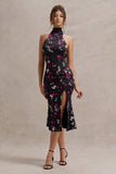 Violette Black Ditsy Floral Print Satin High-Neck Split Midi Dress