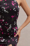 Violette Black Ditsy Floral Print Satin High-Neck Split Midi Dress
