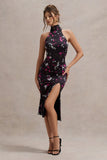 Violette Black Ditsy Floral Print Satin High-Neck Split Midi Dress