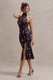 Violette Black Ditsy Floral Print Satin High-Neck Split Midi Dress