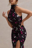 Violette Black Ditsy Floral Print Satin High-Neck Split Midi Dress