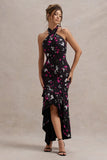 Melodia Black Ditsy Floral Print Satin Halter-Neck Ruffled Maxi Dress
