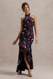 Melodia Black Ditsy Floral Print Satin Halter-Neck Ruffled Maxi Dress