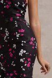 Melodia Black Ditsy Floral Print Satin Halter-Neck Ruffled Maxi Dress