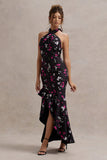 Melodia Black Ditsy Floral Print Satin Halter-Neck Ruffled Maxi Dress