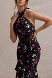 Melodia Black Ditsy Floral Print Satin Halter-Neck Ruffled Maxi Dress