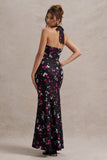Melodia Black Ditsy Floral Print Satin Halter-Neck Ruffled Maxi Dress