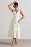 Mona Ecru Jacquard Plunge-Neck Button Midi Dress