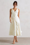 Mona Ecru Jacquard Plunge-Neck Button Midi Dress