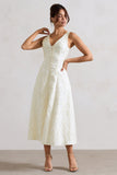 Mona Ecru Jacquard Plunge-Neck Button Midi Dress