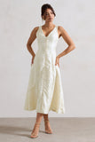 Mona Ecru Jacquard Plunge-Neck Button Midi Dress
