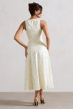 Mona Ecru Jacquard Plunge-Neck Button Midi Dress