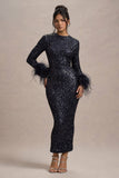 Analina Navy Sequin Long-Sleeved Midi Dress With Feather Cuffs