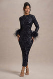 Analina Navy Sequin Long-Sleeved Midi Dress With Feather Cuffs