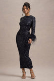 Analina Navy Sequin Long-Sleeved Midi Dress With Feather Cuffs