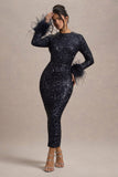 Analina Navy Sequin Long-Sleeved Midi Dress With Feather Cuffs